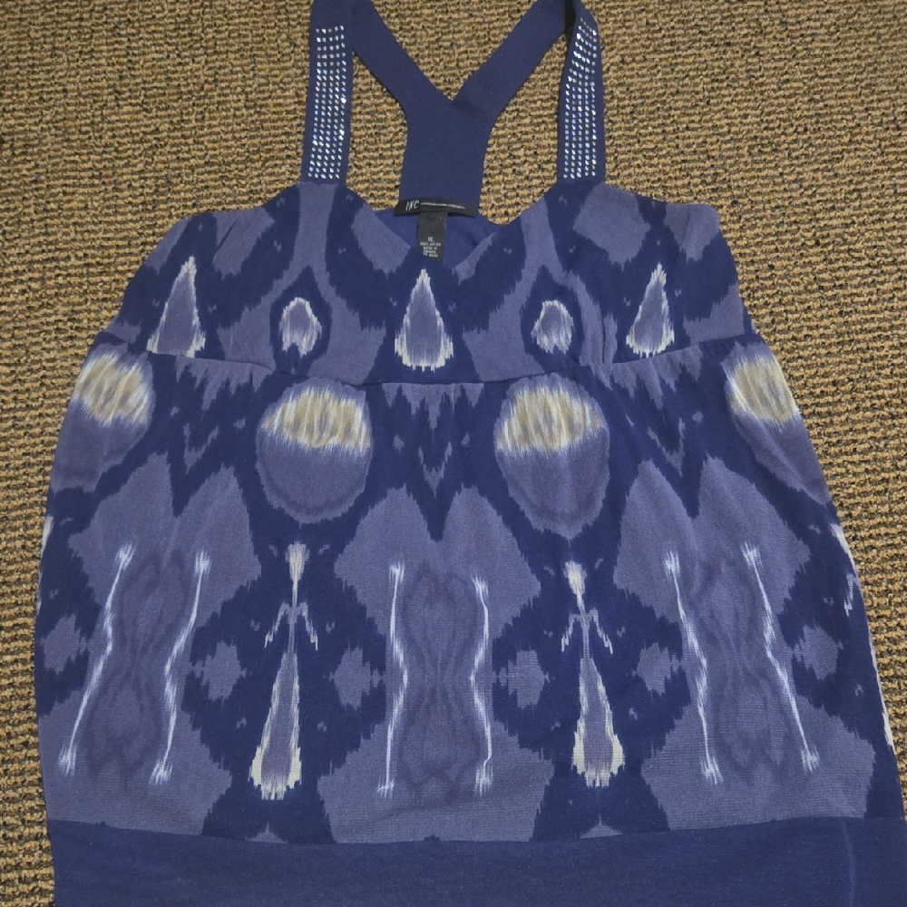 INC International Concepts Navy and White Patterned Abstract Tank Top